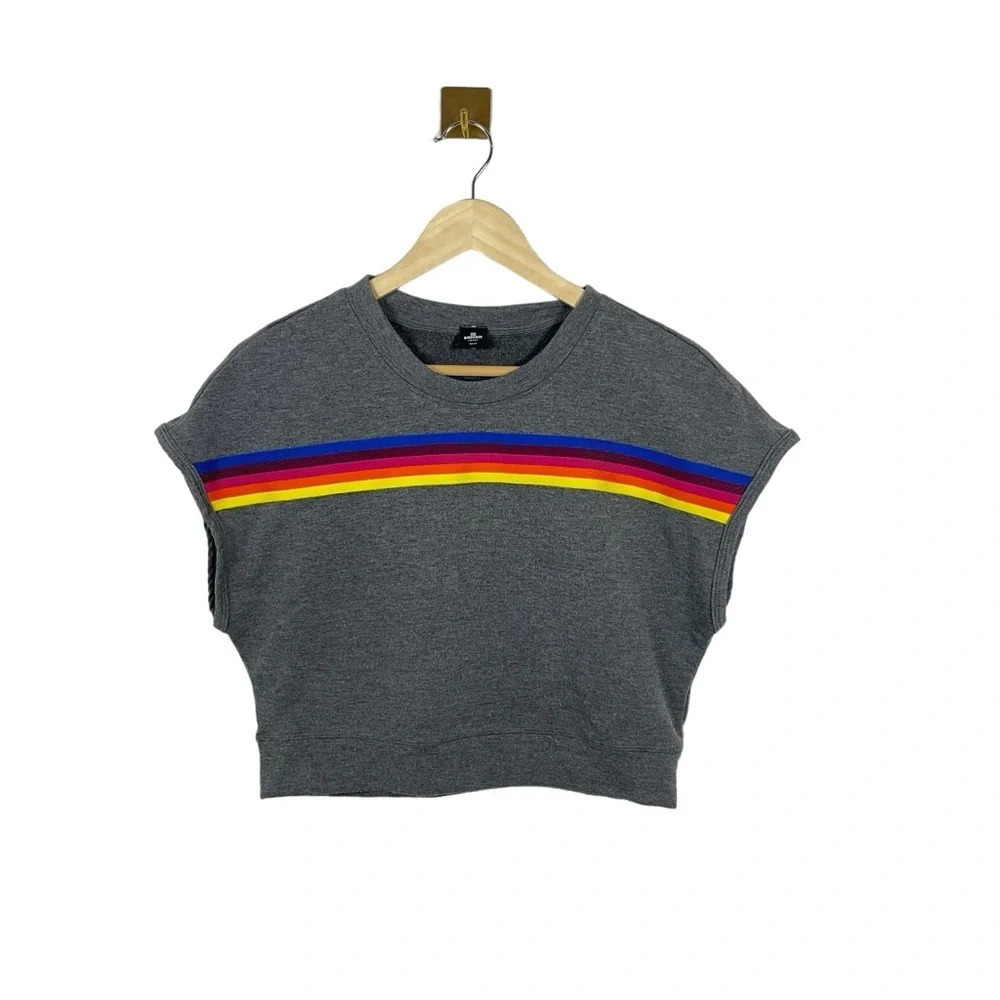 NWOT Birdiebee Phoenix Crop Rainbow Stripe Tee in Grey Size S - Picture 4 of 8